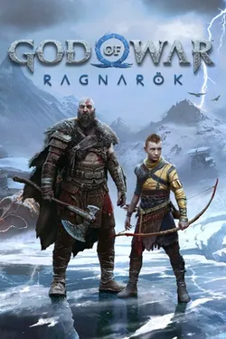 Game box image for God of War Ragnarök, featuring the burly warrior-god Kratos with his axe and furs standing in a winter wasteland with his archer son Atreus