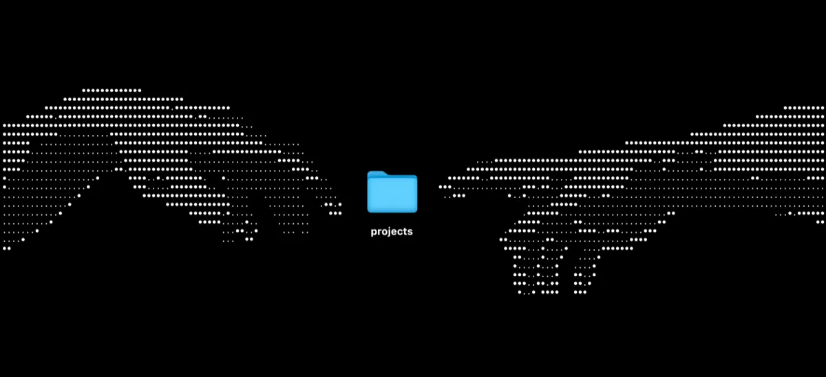 A halftone image of two hands, reaching towards each other. A blue folder labelled "projects" lies between them. It is modeled after Michelangelo's "Creation of Adam" painting from the Sistine Chapel ceiling.