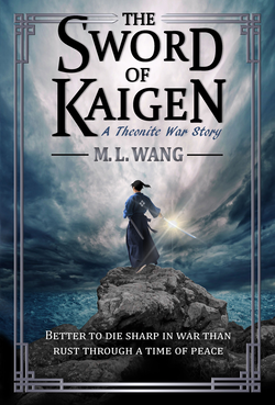 Book cover for "The Sword of Kaigen", featuring a lone samurai warrior standing on a cliff, sword drawn, in front of a stormy sea